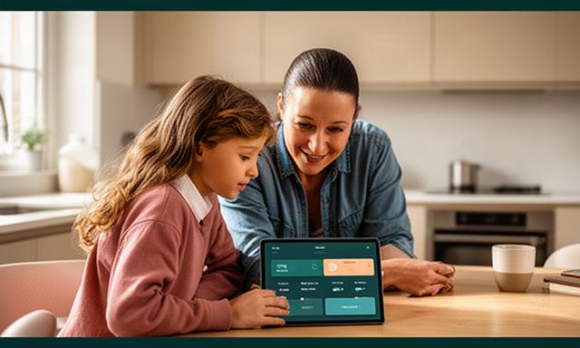 Parent and child reviewing a game settings screen together at a kitchen table